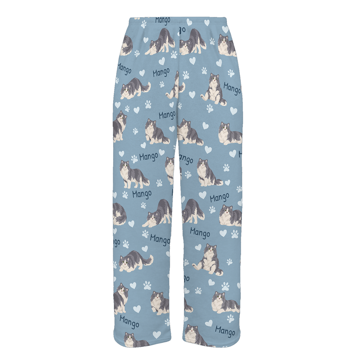 Personalized Ragamuffin Cat Pajama Pants, Custom Pet Name Fleece Trousers, Cat Lover Gift — 02 Dusty Blue — full-trouser view