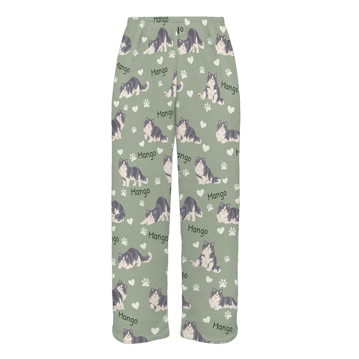 Personalized Ragamuffin Cat Pajama Pants, Custom Pet Name Fleece Trousers, Cat Lover Gift — 03 Soft Sage — full-trouser view