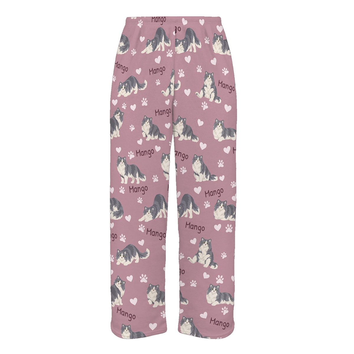 Personalized Ragamuffin Cat Pajama Pants, Custom Pet Name Fleece Trousers, Cat Lover Gift — 04 Dusty Rose — full-trouser view