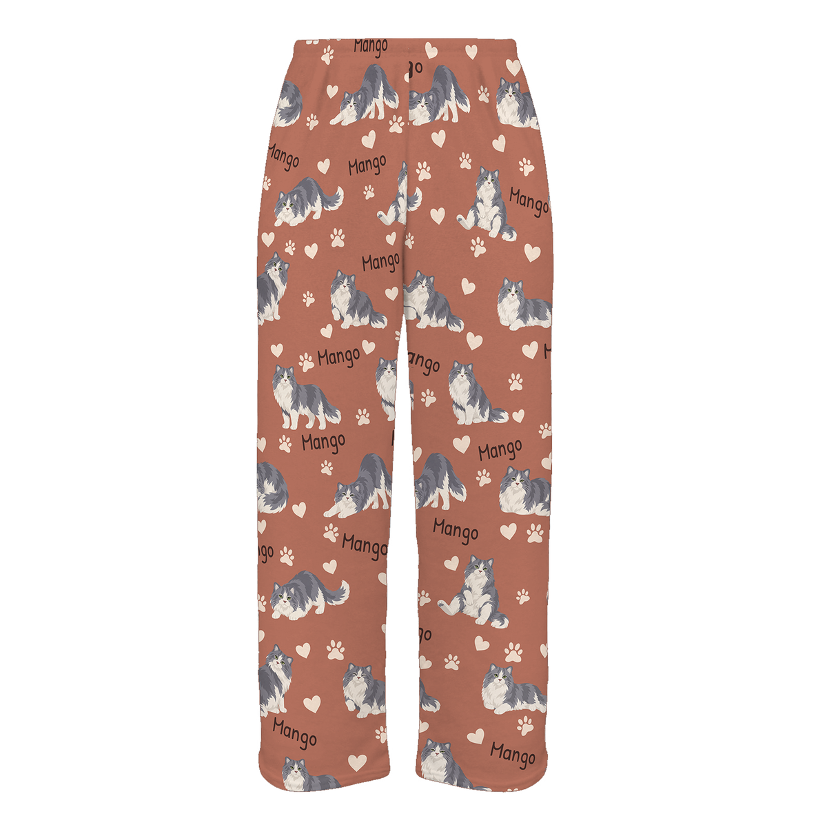 Personalized Ragamuffin Cat Pajama Pants, Custom Pet Name Fleece Trousers, Cat Lover Gift — 06 Muted Terracotta — full-trouser view