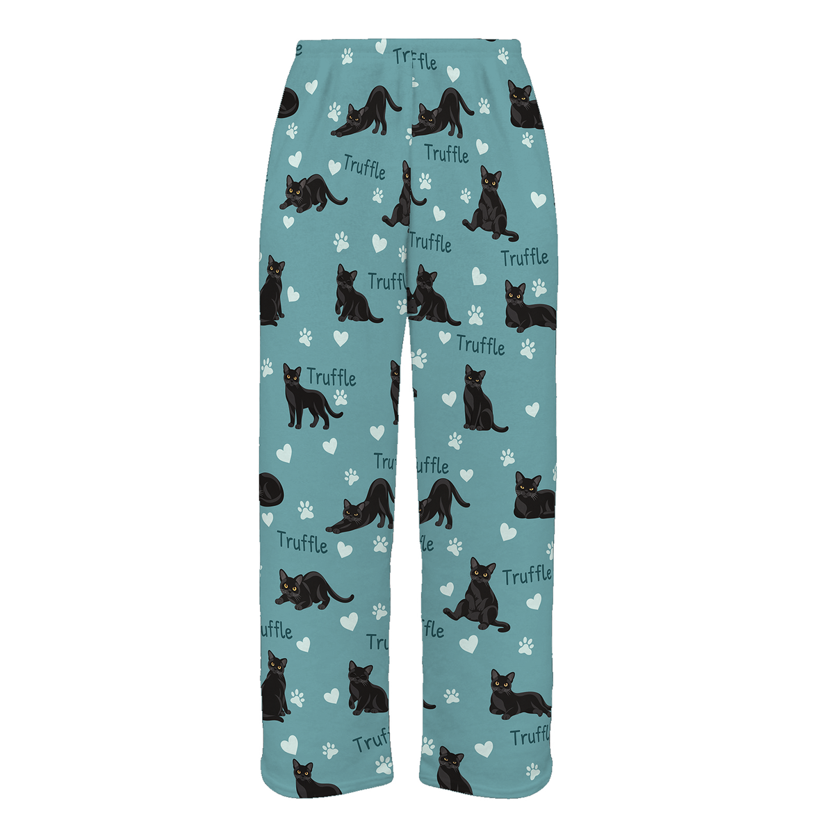 Personalized Bombay Cat Pajama Pants, Custom Pet Name Fleece Trousers, Cat Lover Gift — 01 Muted Teal — full-trouser view