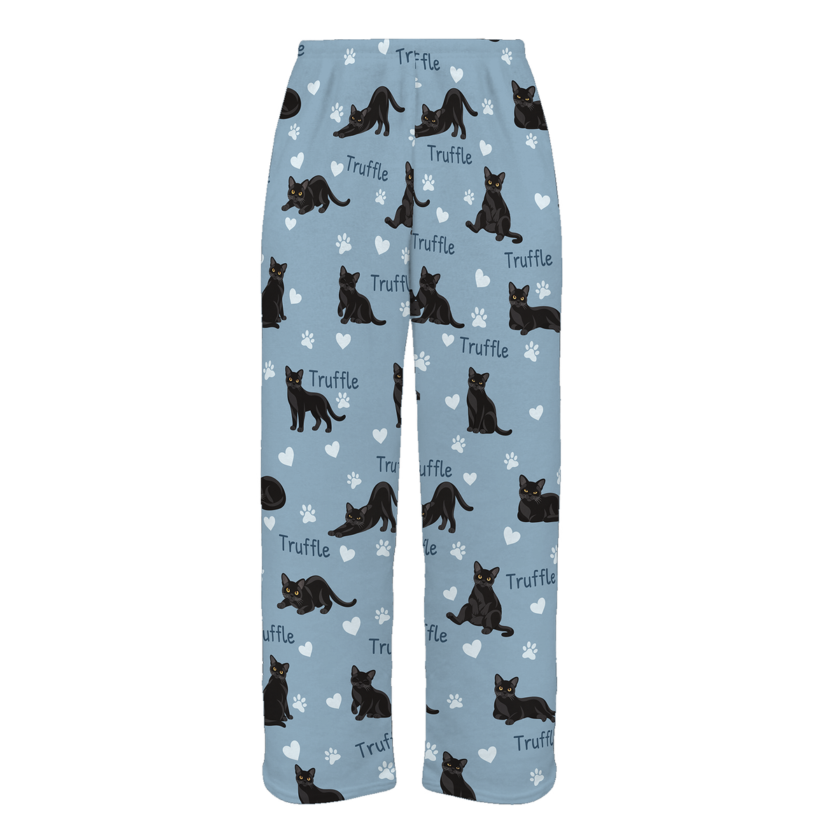 Personalized Bombay Cat Pajama Pants, Custom Pet Name Fleece Trousers, Cat Lover Gift — 02 Dusty Blue — full-trouser view