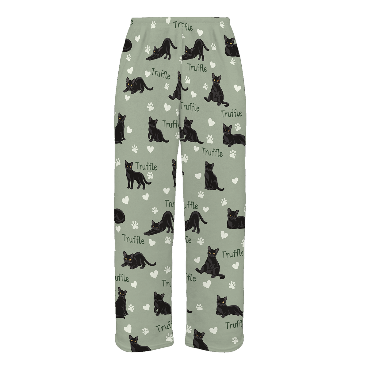 Personalized Bombay Cat Pajama Pants, Custom Pet Name Fleece Trousers, Cat Lover Gift — 03 Soft Sage — full-trouser view