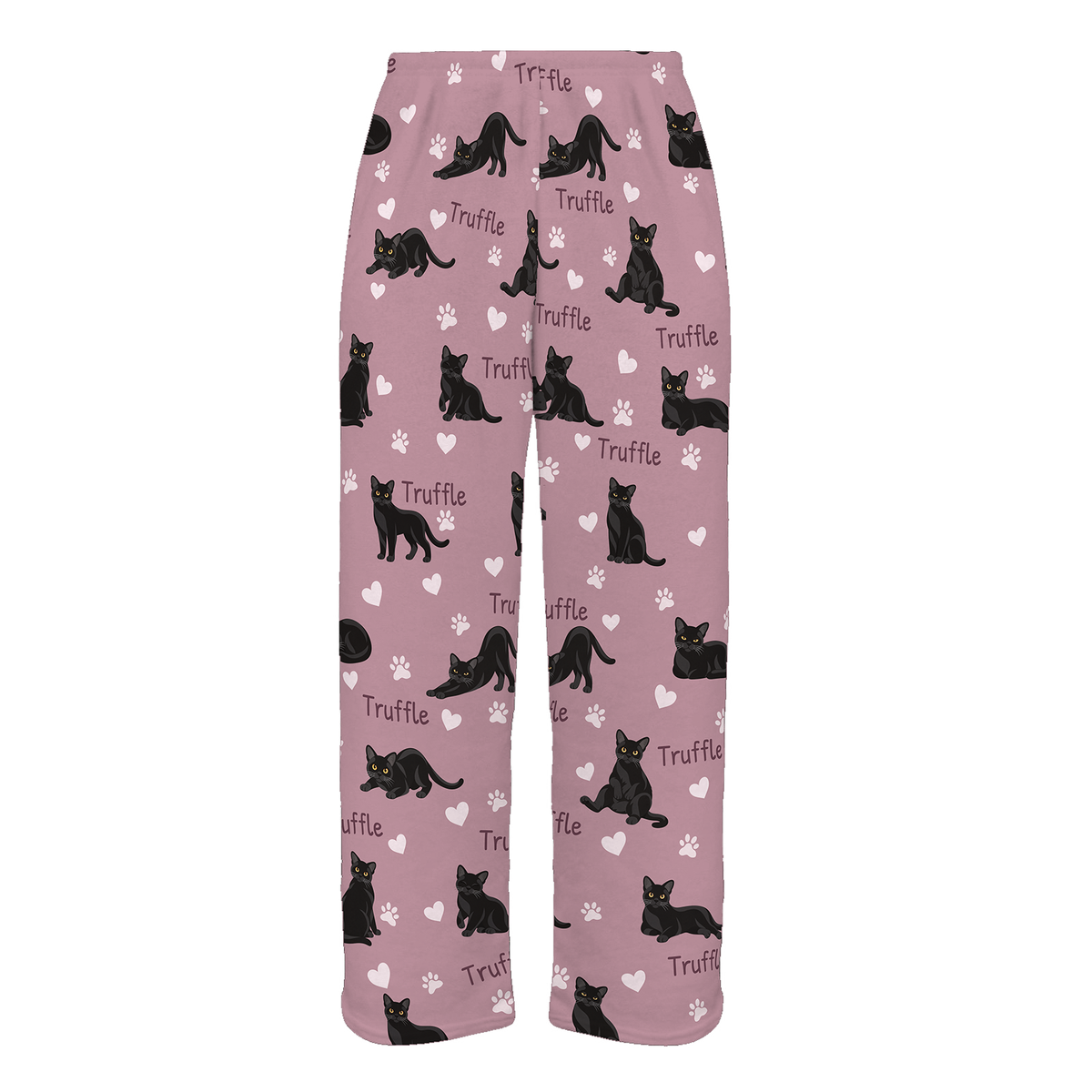 Personalized Bombay Cat Pajama Pants, Custom Pet Name Fleece Trousers, Cat Lover Gift — 04 Dusty Rose — full-trouser view