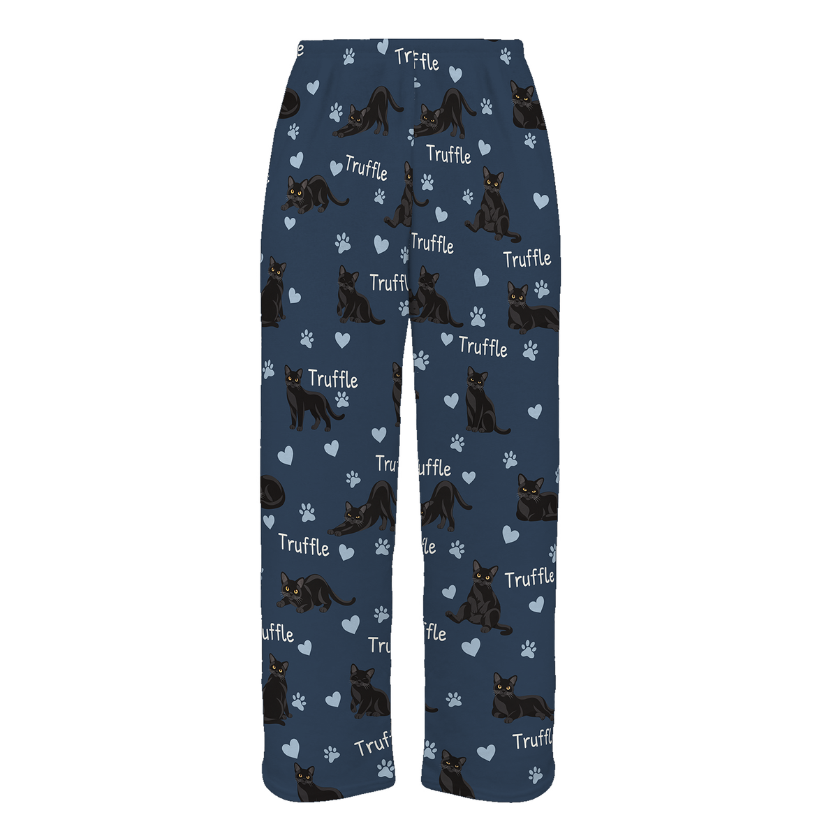 Personalized Bombay Cat Pajama Pants, Custom Pet Name Fleece Trousers, Cat Lover Gift — 05 Deep Navy — full-trouser view
