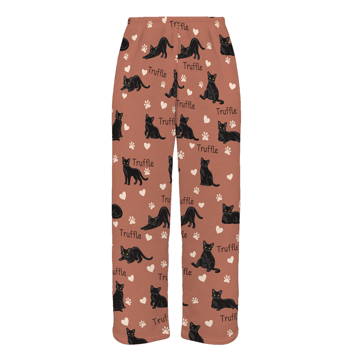Personalized Bombay Cat Pajama Pants, Custom Pet Name Fleece Trousers, Cat Lover Gift — 06 Muted Terracotta — full-trouser view