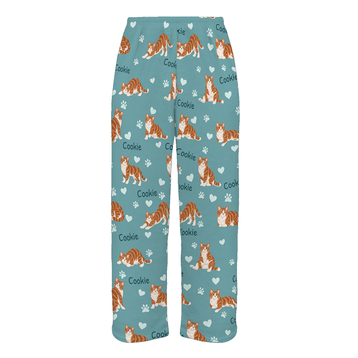 Personalized American Wirehair Cat Pajama Pants, Custom Pet Name Fleece Trousers, Cat Lover Gift — 01 Muted Teal — full-trouser view