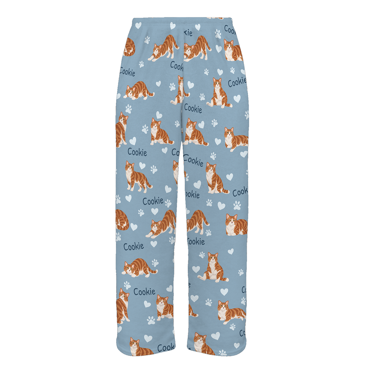 Personalized American Wirehair Cat Pajama Pants, Custom Pet Name Fleece Trousers, Cat Lover Gift — 02 Dusty Blue — full-trouser view