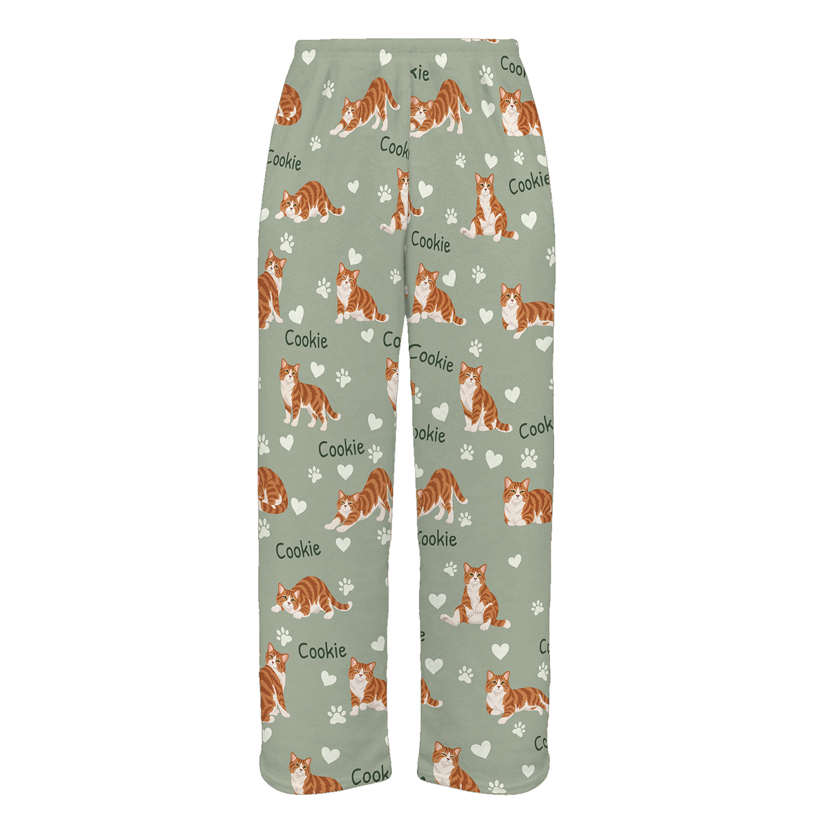 Personalized American Wirehair Cat Pajama Pants, Custom Pet Name Fleece Trousers, Cat Lover Gift — 03 Soft Sage — full-trouser view