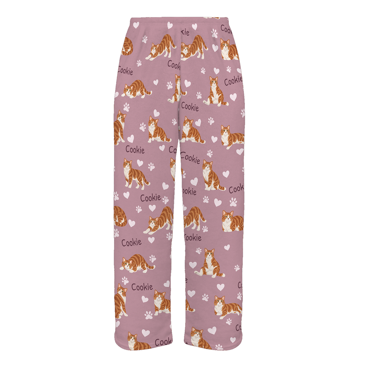 Personalized American Wirehair Cat Pajama Pants, Custom Pet Name Fleece Trousers, Cat Lover Gift — 04 Dusty Rose — full-trouser view