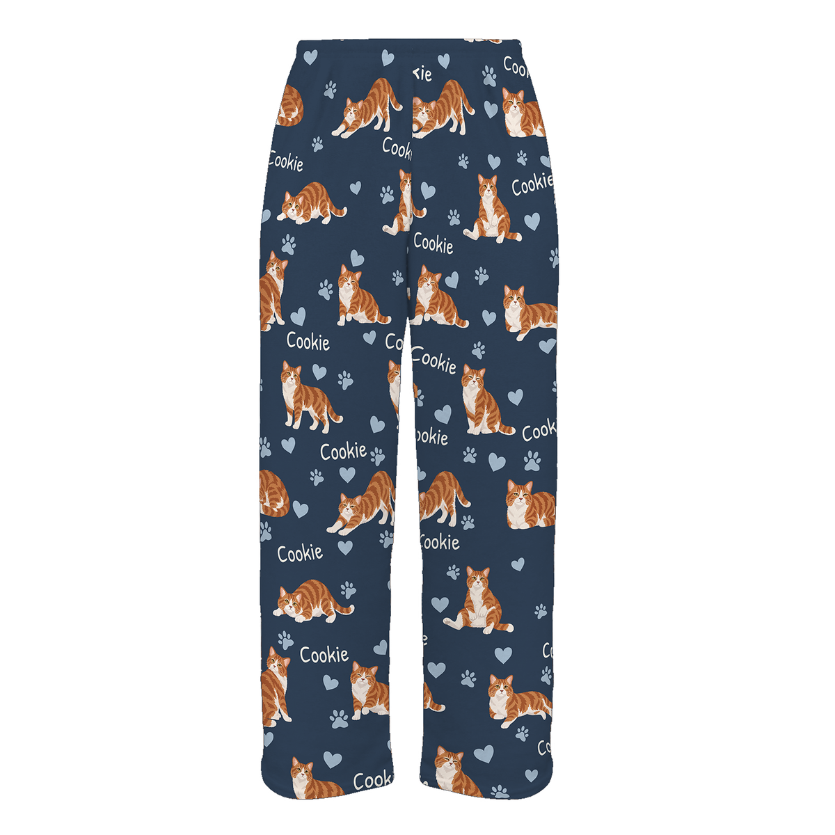 Personalized American Wirehair Cat Pajama Pants, Custom Pet Name Fleece Trousers, Cat Lover Gift — 05 Deep Navy — full-trouser view
