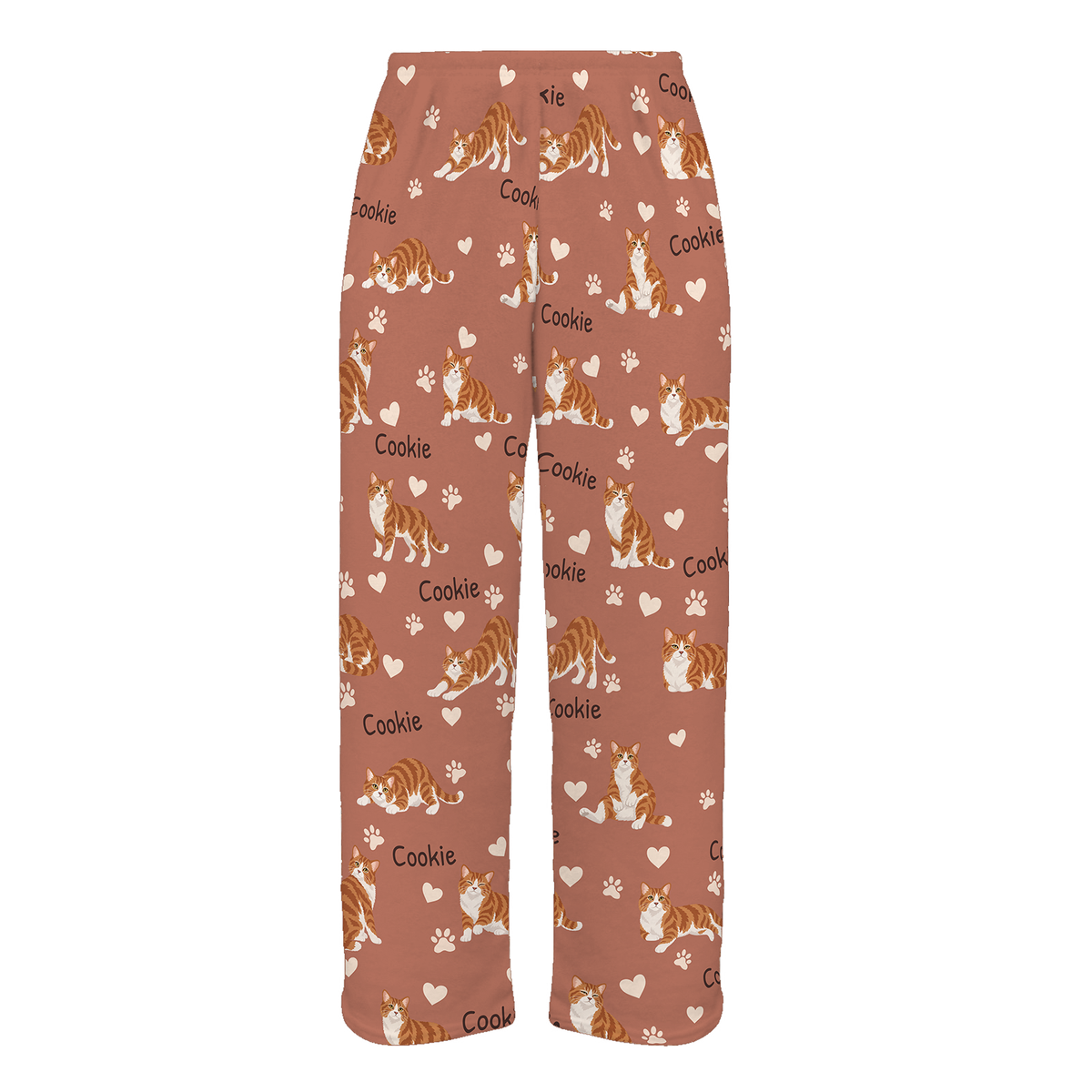 Personalized American Wirehair Cat Pajama Pants, Custom Pet Name Fleece Trousers, Cat Lover Gift — 06 Muted Terracotta — full-trouser view