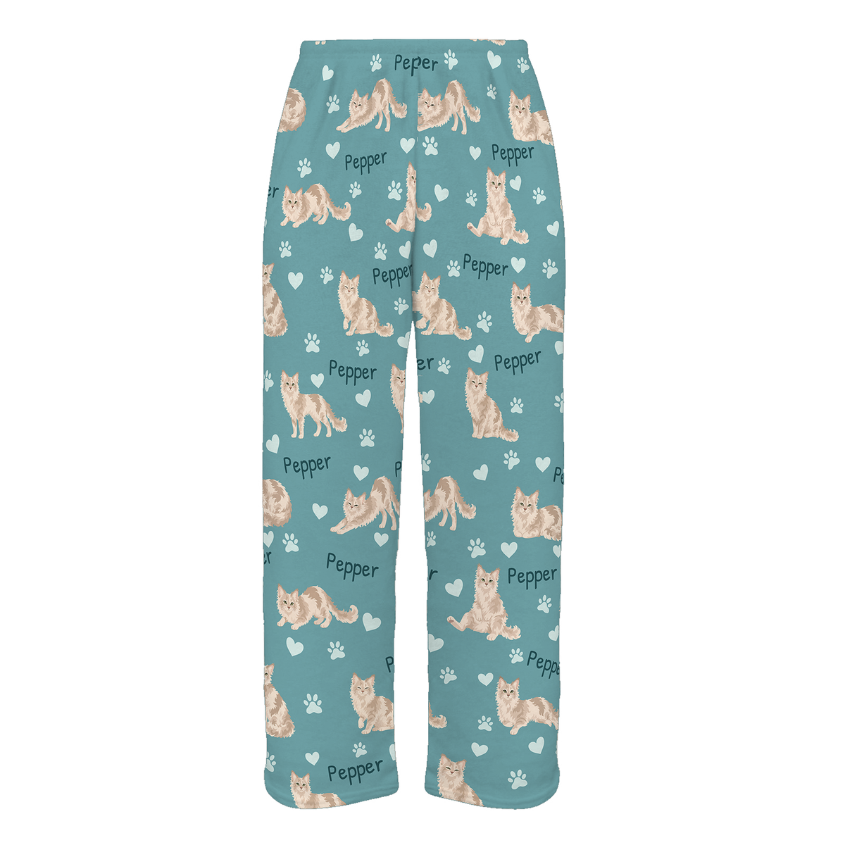Personalized LaPerm Cat Pajama Pants, Custom Pet Name Fleece Trousers, Cat Lover Gift — 01 Muted Teal — full-trouser view