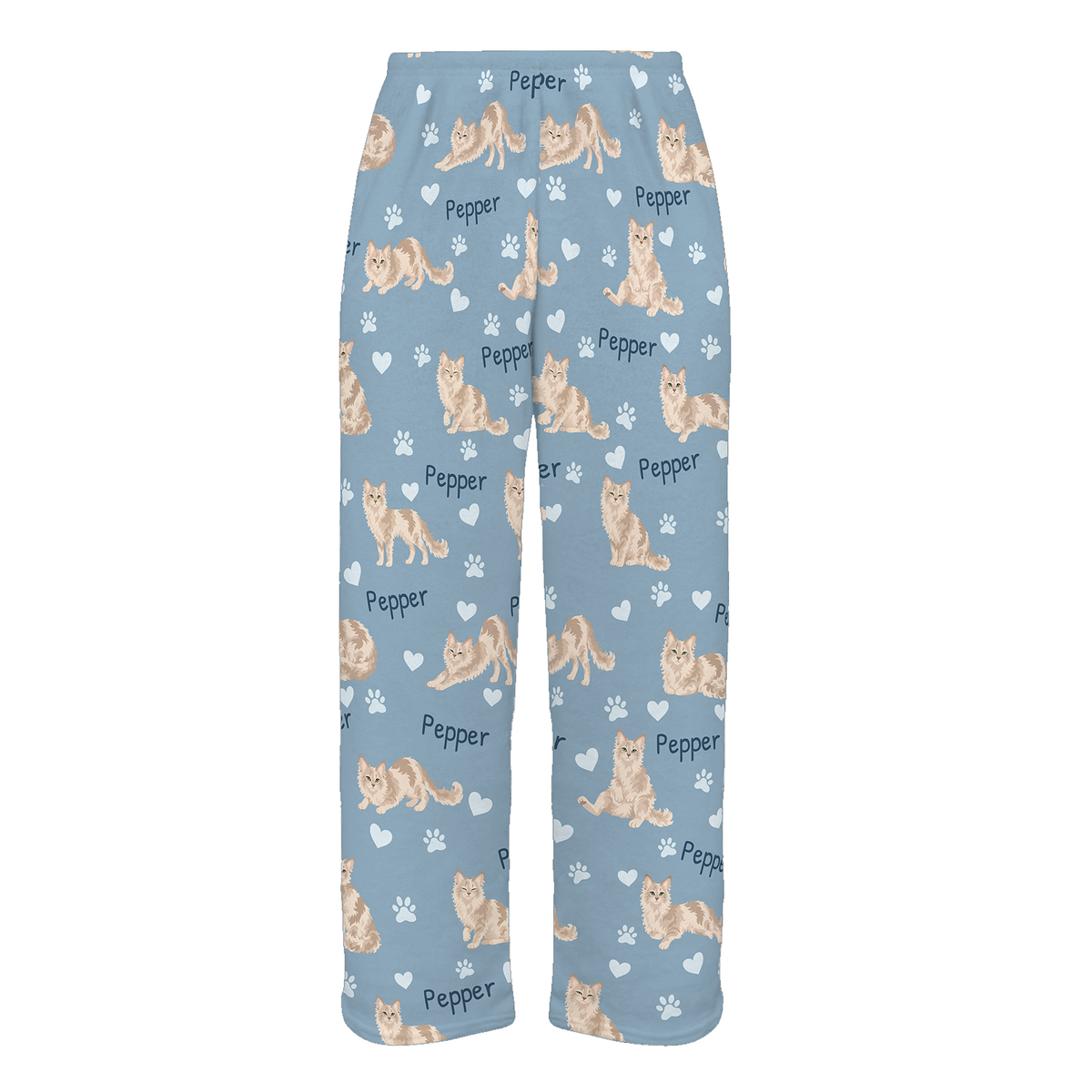Personalized LaPerm Cat Pajama Pants, Custom Pet Name Fleece Trousers, Cat Lover Gift — 02 Dusty Blue — full-trouser view