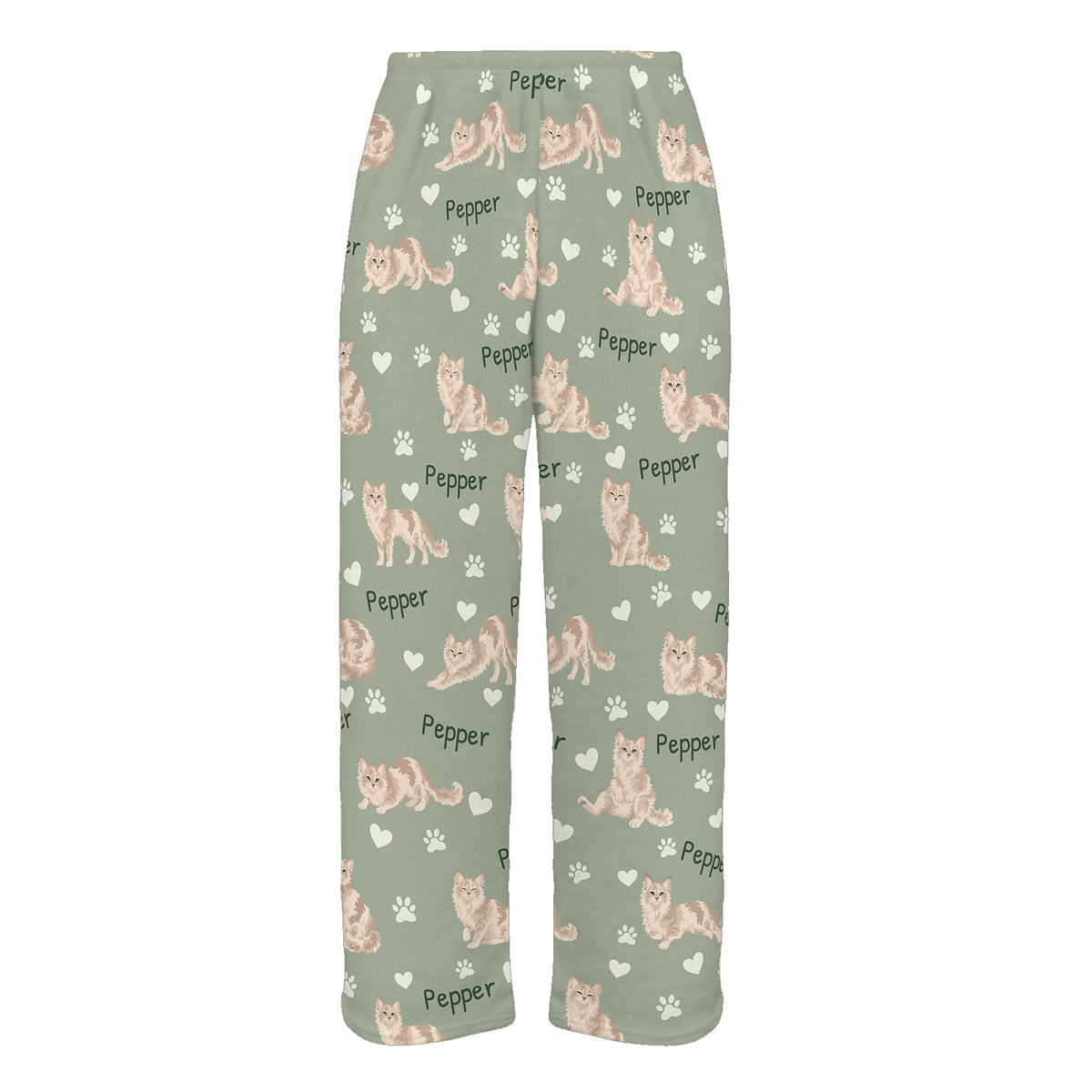 Personalized LaPerm Cat Pajama Pants, Custom Pet Name Fleece Trousers, Cat Lover Gift — 03 Soft Sage — full-trouser view