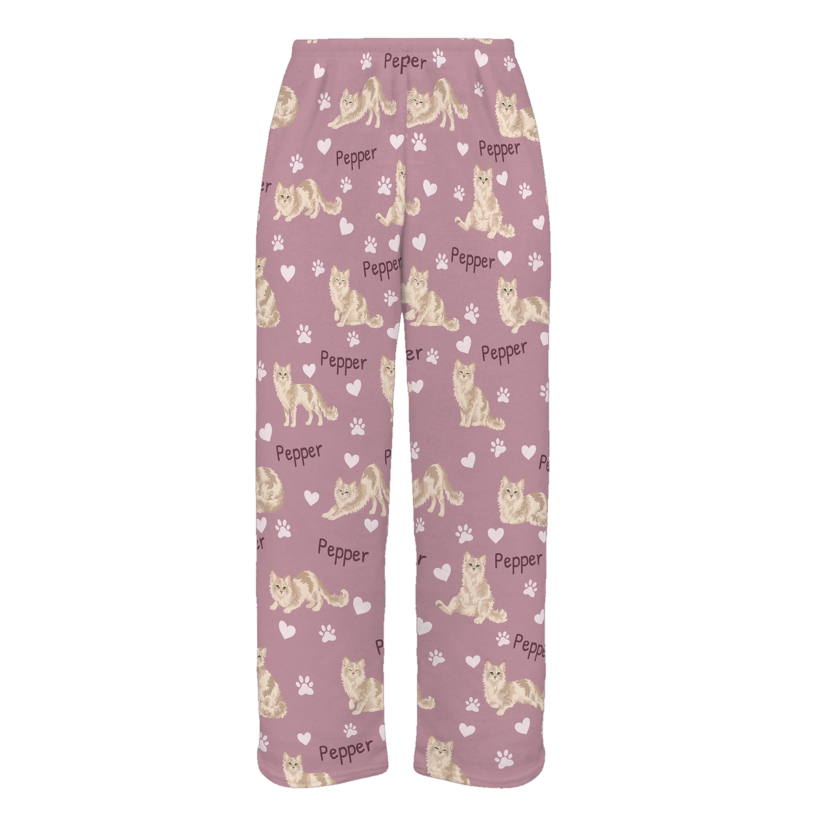 Personalized LaPerm Cat Pajama Pants, Custom Pet Name Fleece Trousers, Cat Lover Gift — 04 Dusty Rose — full-trouser view