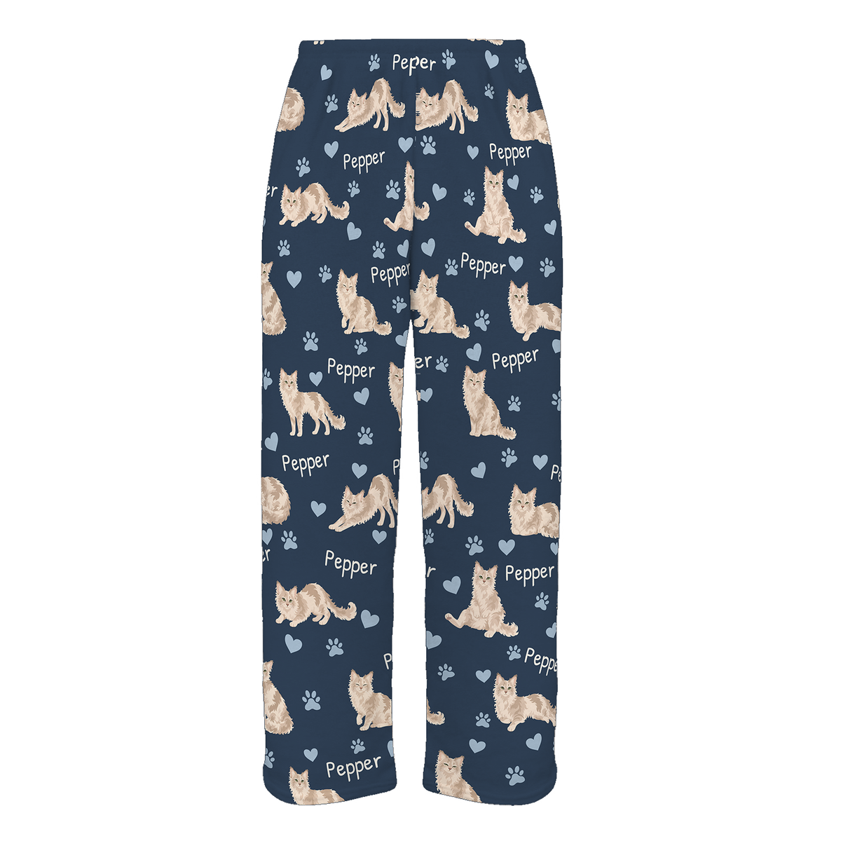 Personalized LaPerm Cat Pajama Pants, Custom Pet Name Fleece Trousers, Cat Lover Gift — 05 Deep Navy — full-trouser view