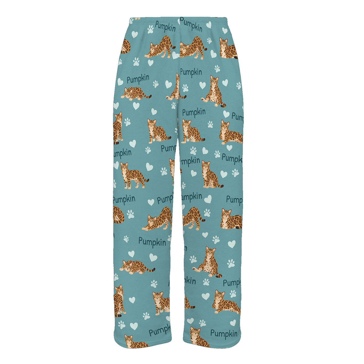 Personalized Bengal Cat Pajama Pants, Custom Pet Name Fleece Trousers, Cat Lover Gift — 01 Muted Teal — full-trouser view