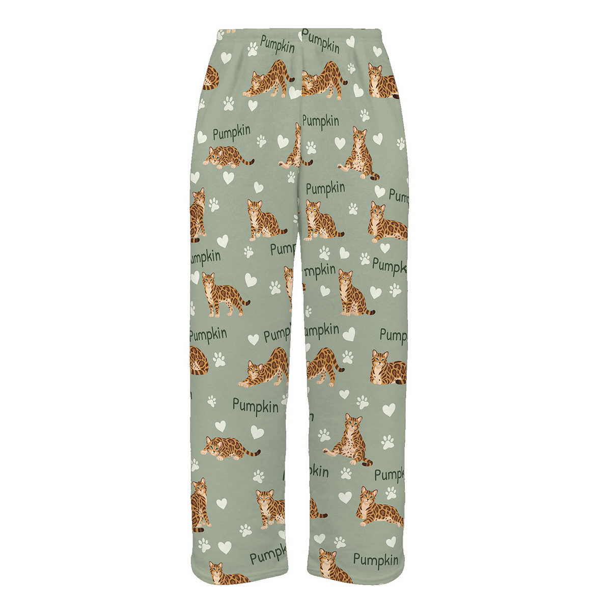 Personalized Bengal Cat Pajama Pants, Custom Pet Name Fleece Trousers, Cat Lover Gift — 03 Soft Sage — full-trouser view