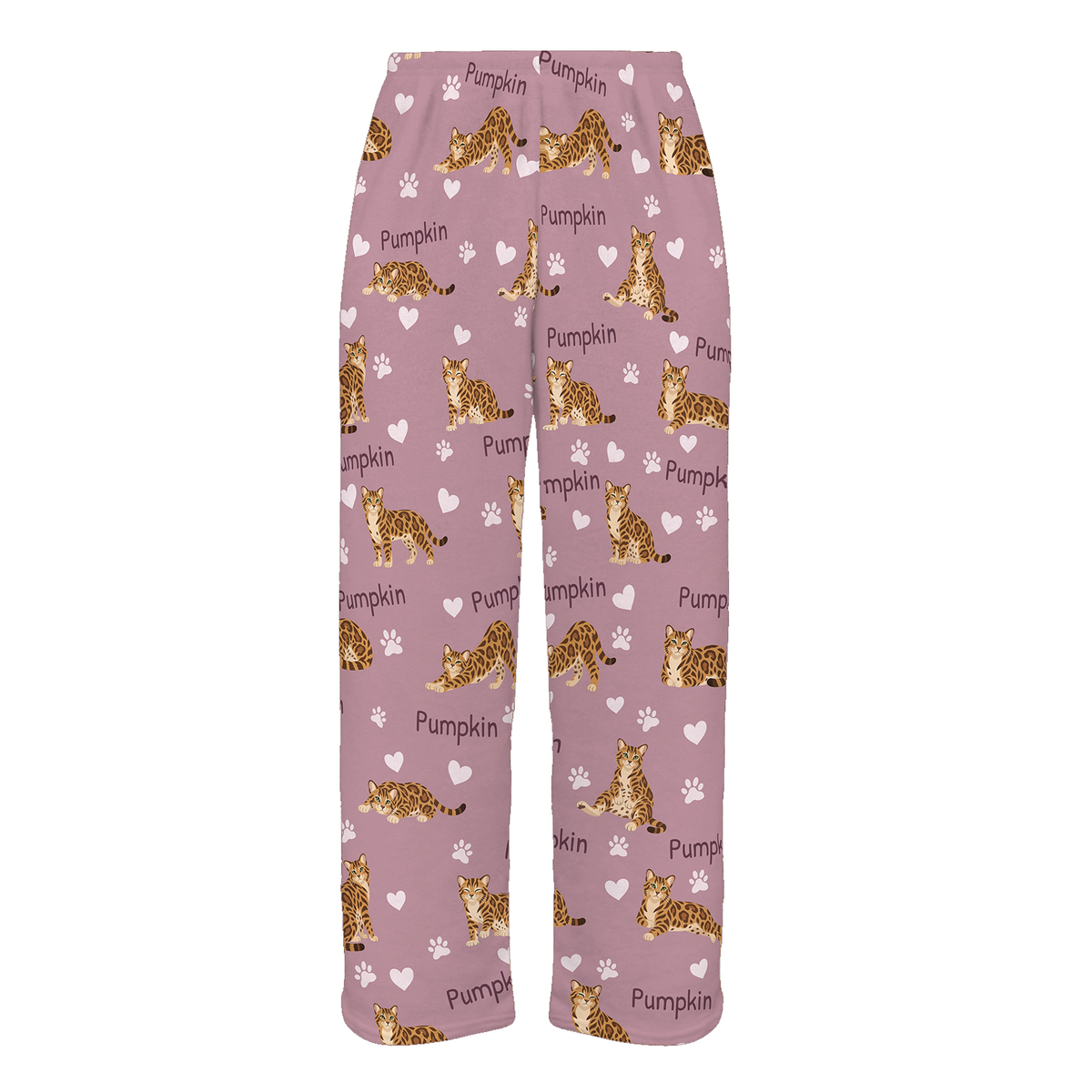 Personalized Bengal Cat Pajama Pants, Custom Pet Name Fleece Trousers, Cat Lover Gift — 04 Dusty Rose — full-trouser view