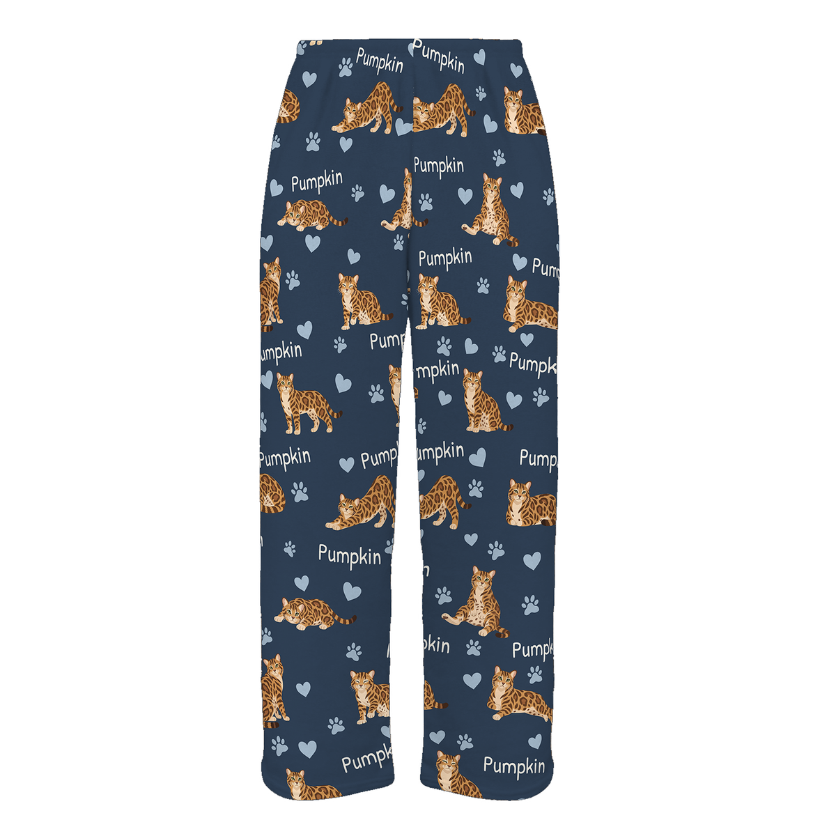 Personalized Bengal Cat Pajama Pants, Custom Pet Name Fleece Trousers, Cat Lover Gift — 05 Deep Navy — full-trouser view