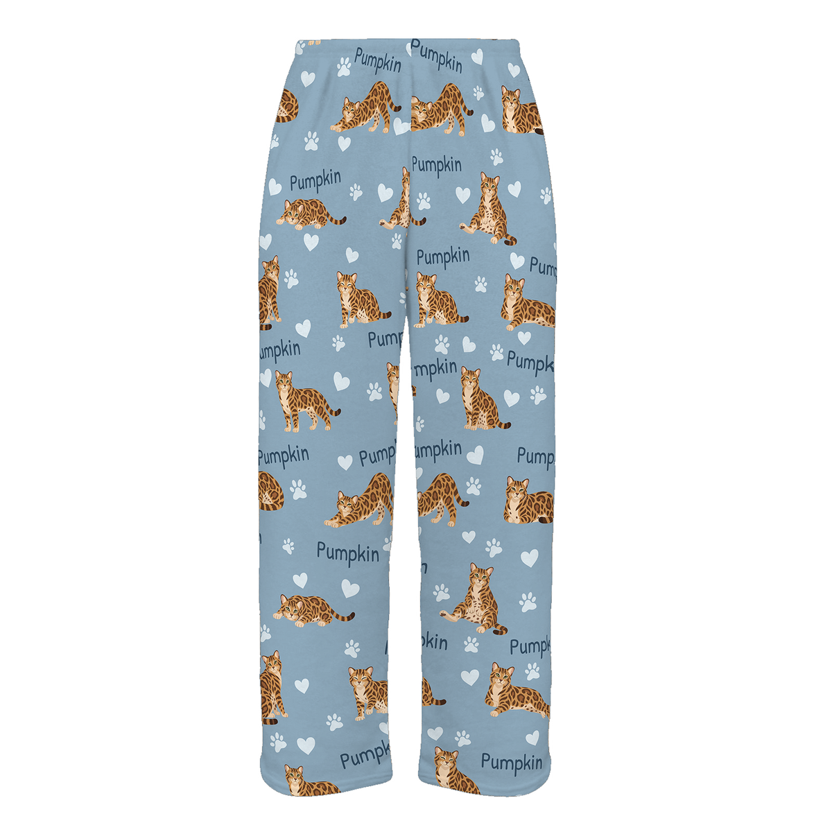 Personalized Bengal Cat Pajama Pants, Custom Pet Name Fleece Trousers, Cat Lover Gift — As shown — full-trouser view