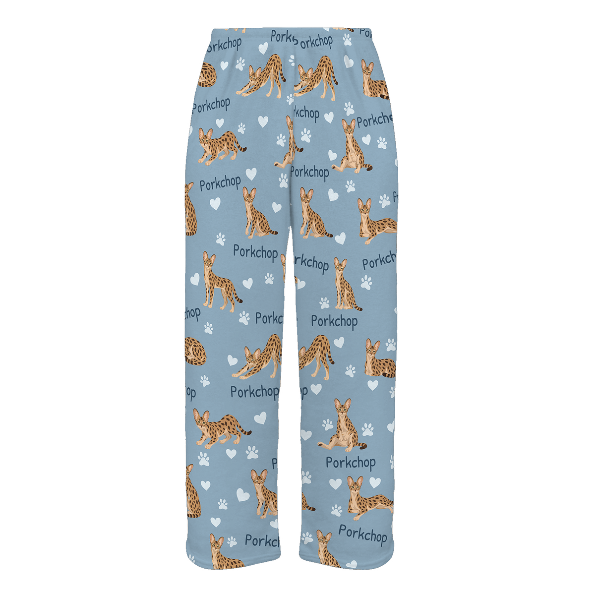 Personalized Savannah Cat Pajama Pants, Custom Pet Name Fleece Trousers, Cat Lover Gift — 02 Dusty Blue — full-trouser view