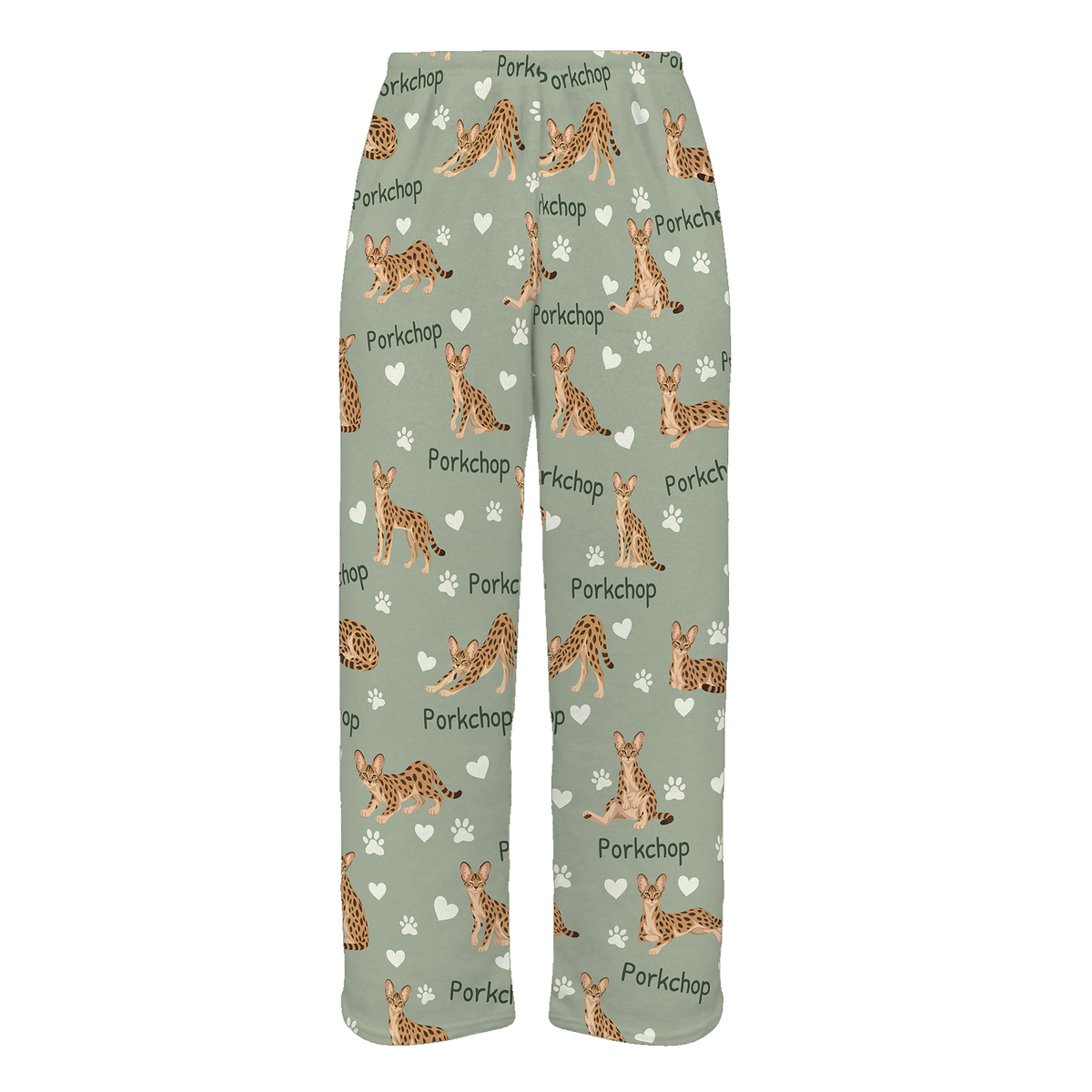 Personalized Savannah Cat Pajama Pants, Custom Pet Name Fleece Trousers, Cat Lover Gift — 03 Soft Sage — full-trouser view