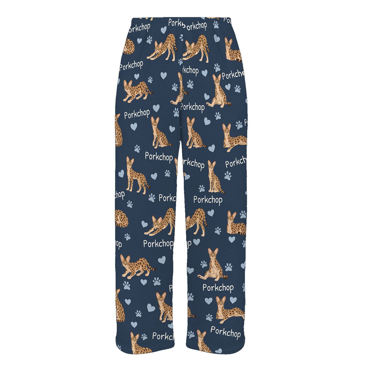 Personalized Savannah Cat Pajama Pants, Custom Pet Name Fleece Trousers, Cat Lover Gift — 05 Deep Navy — full-trouser view