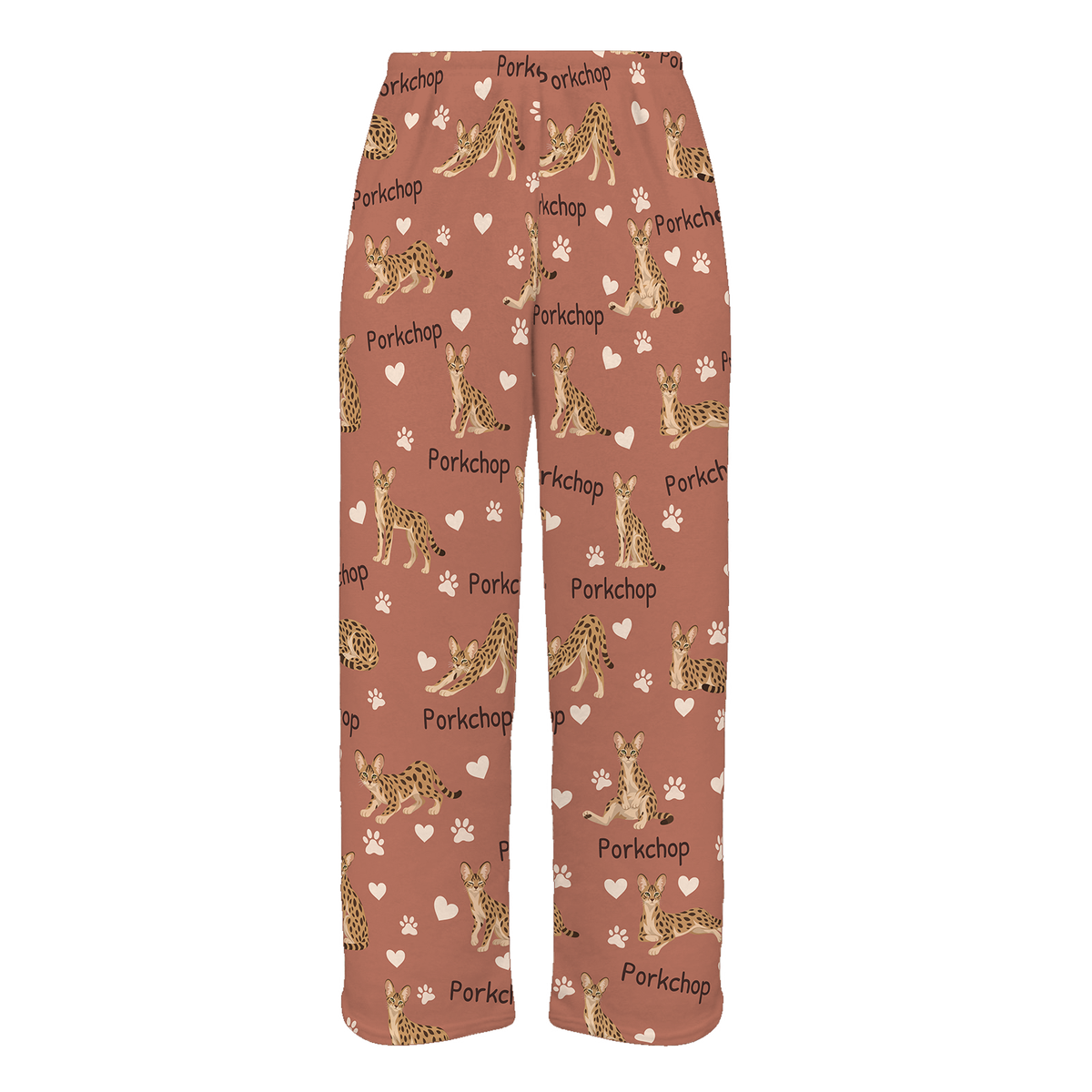 Personalized Savannah Cat Pajama Pants, Custom Pet Name Fleece Trousers, Cat Lover Gift — 06 Muted Terracotta — full-trouser view