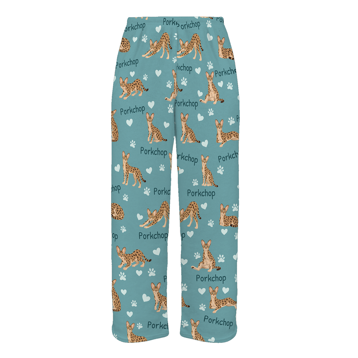 Personalized Savannah Cat Pajama Pants, Custom Pet Name Fleece Trousers, Cat Lover Gift — As shown — full-trouser view