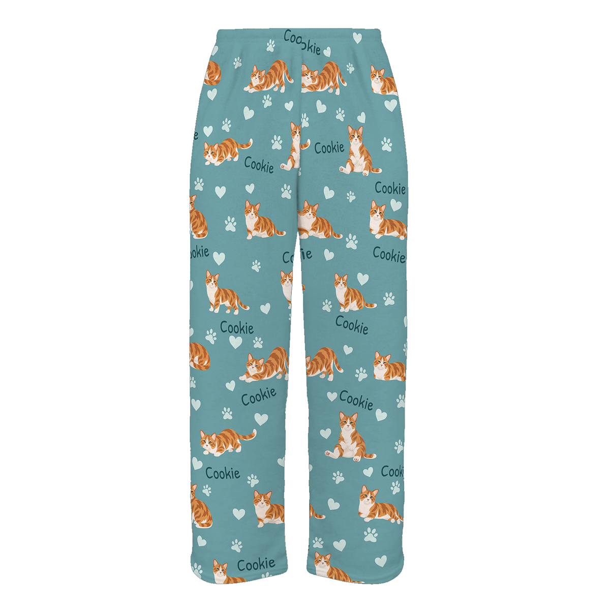 Personalized Munchkin Cat Pajama Pants, Custom Pet Name Fleece Trousers, Cat Lover Gift — 01 Muted Teal — full-trouser view