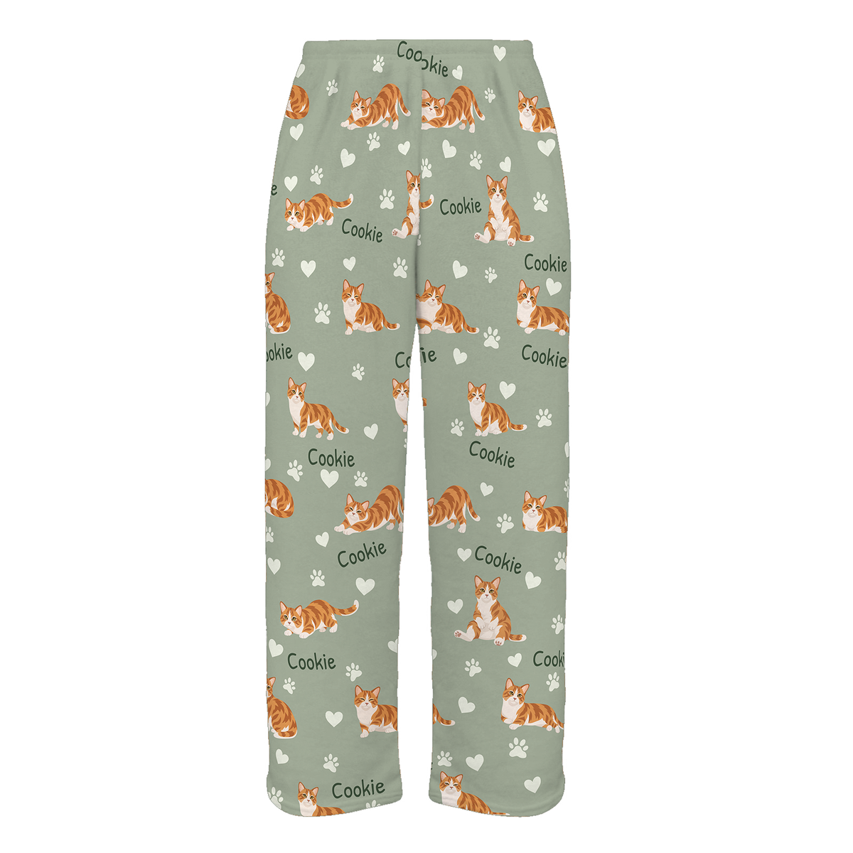 Personalized Munchkin Cat Pajama Pants, Custom Pet Name Fleece Trousers, Cat Lover Gift — 03 Soft Sage — full-trouser view