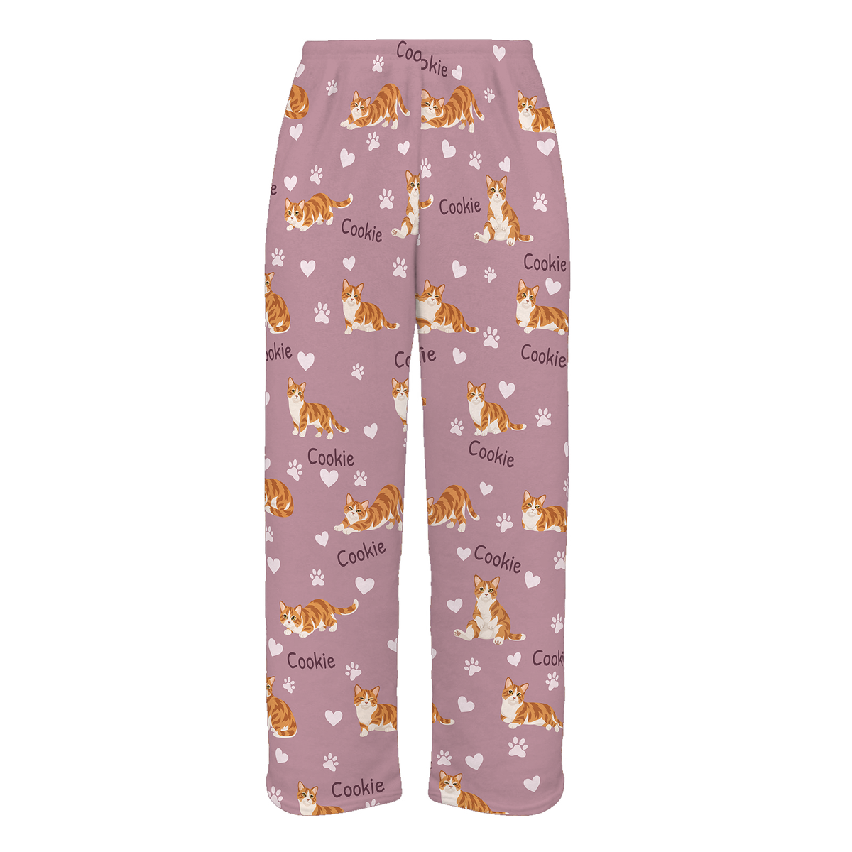 Personalized Munchkin Cat Pajama Pants, Custom Pet Name Fleece Trousers, Cat Lover Gift — 04 Dusty Rose — full-trouser view