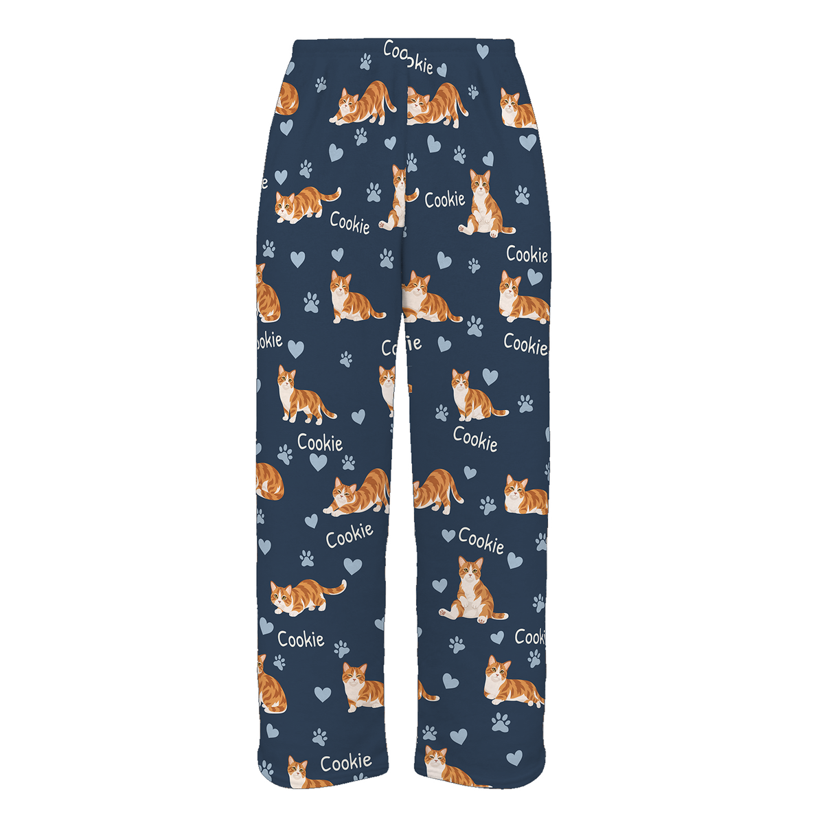 Personalized Munchkin Cat Pajama Pants, Custom Pet Name Fleece Trousers, Cat Lover Gift — 05 Deep Navy — full-trouser view
