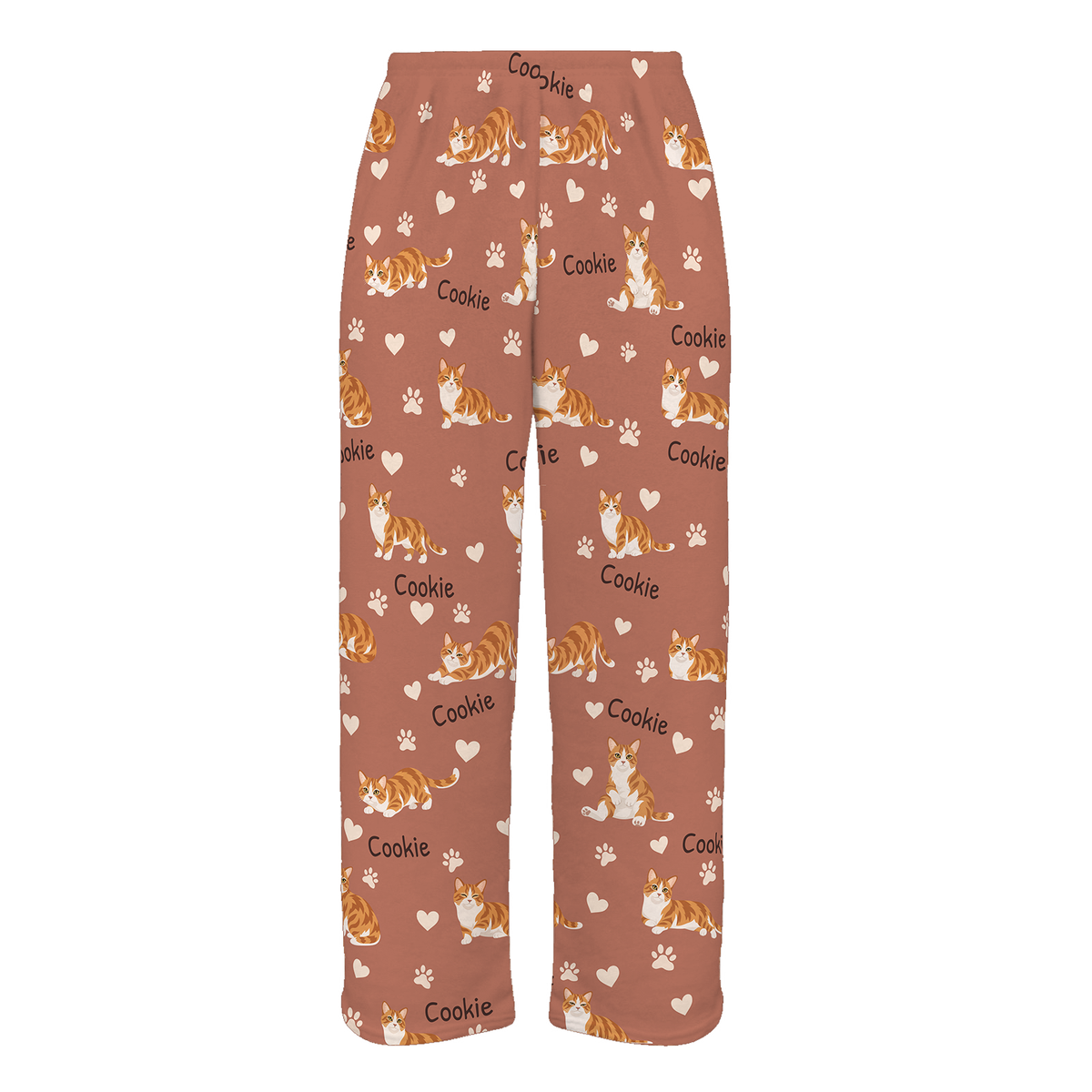 Personalized Munchkin Cat Pajama Pants, Custom Pet Name Fleece Trousers, Cat Lover Gift — 06 Muted Terracotta — full-trouser view