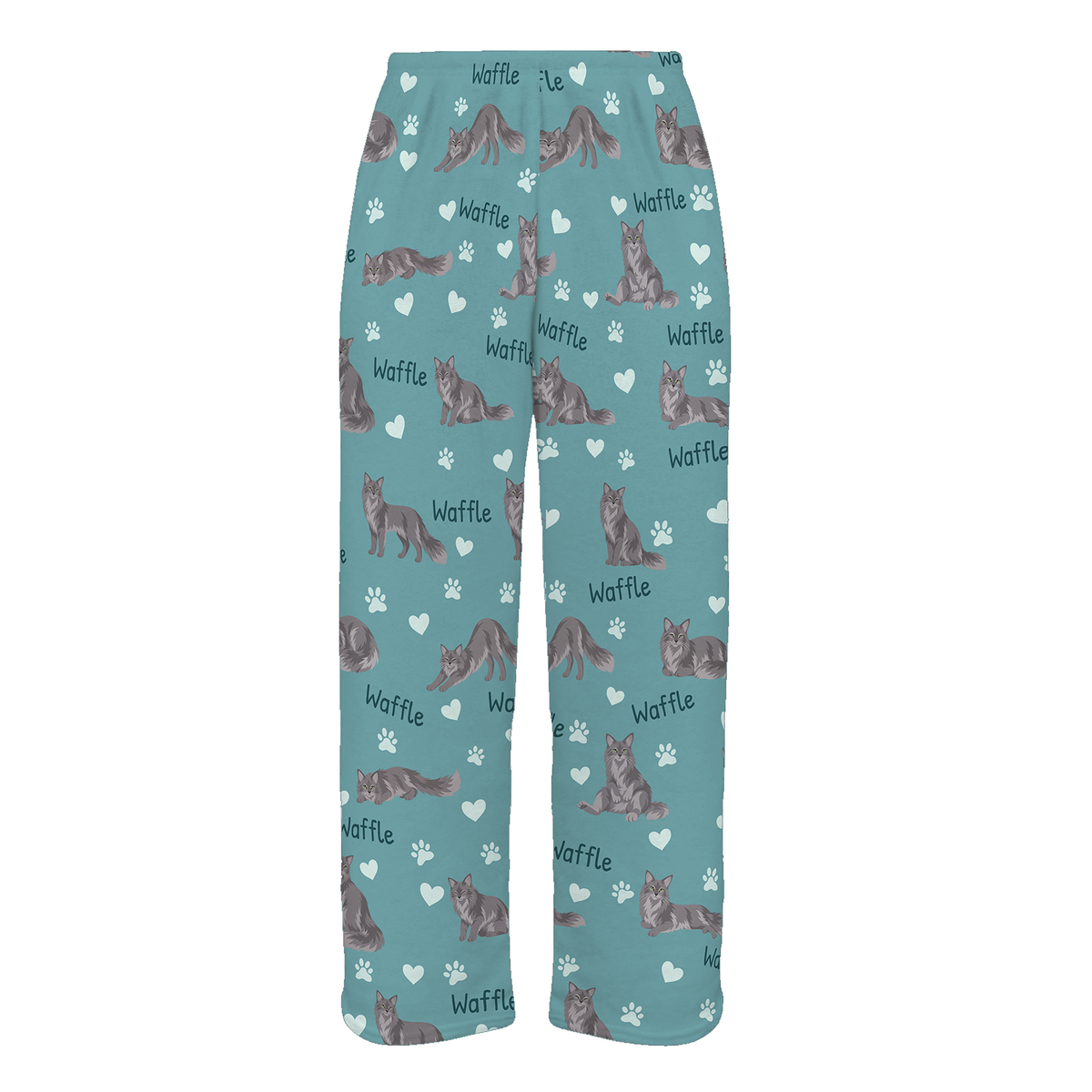 Personalized Nebelung Cat Pajama Pants, Custom Pet Name Fleece Trousers, Cat Lover Gift — 01 Muted Teal — full-trouser view