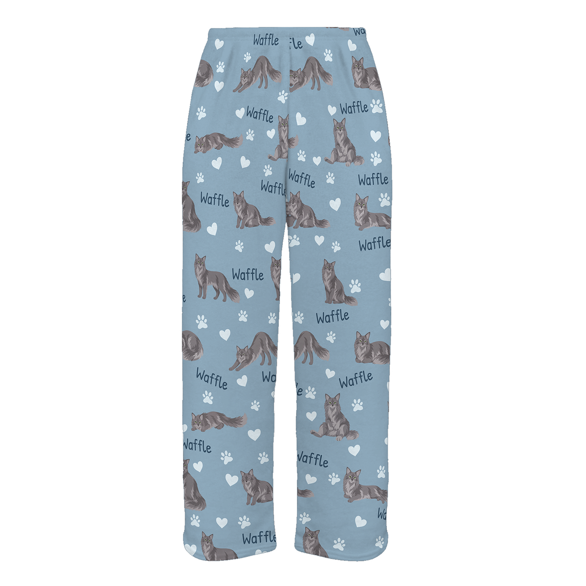 Personalized Nebelung Cat Pajama Pants, Custom Pet Name Fleece Trousers, Cat Lover Gift — 02 Dusty Blue — full-trouser view