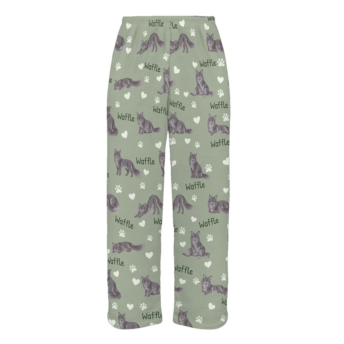Personalized Nebelung Cat Pajama Pants, Custom Pet Name Fleece Trousers, Cat Lover Gift — 03 Soft Sage — full-trouser view