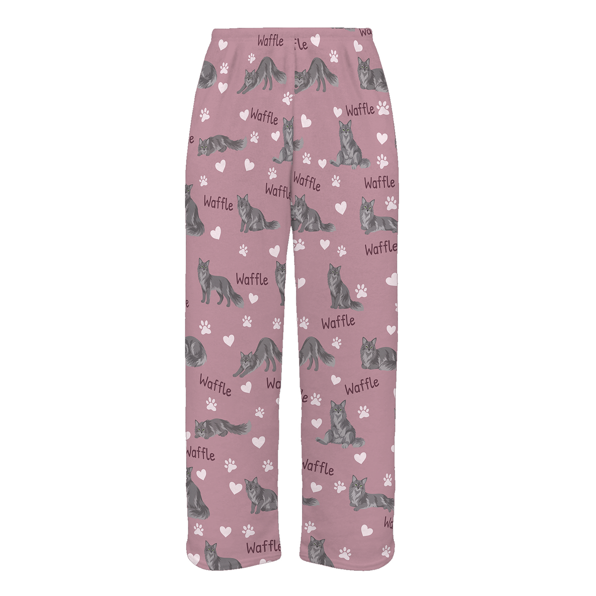Personalized Nebelung Cat Pajama Pants, Custom Pet Name Fleece Trousers, Cat Lover Gift — 04 Dusty Rose — full-trouser view