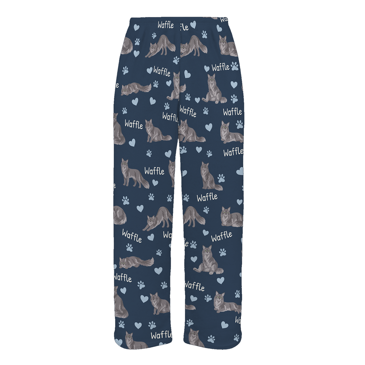 Personalized Nebelung Cat Pajama Pants, Custom Pet Name Fleece Trousers, Cat Lover Gift — 05 Deep Navy — full-trouser view