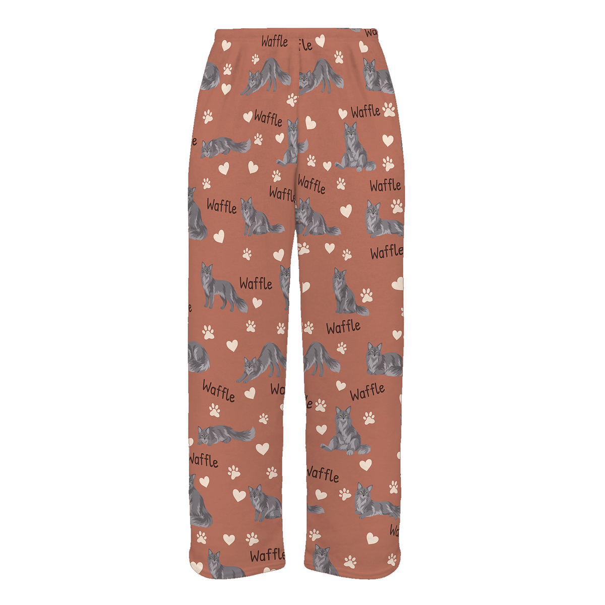 Personalized Nebelung Cat Pajama Pants, Custom Pet Name Fleece Trousers, Cat Lover Gift — 06 Muted Terracotta — full-trouser view