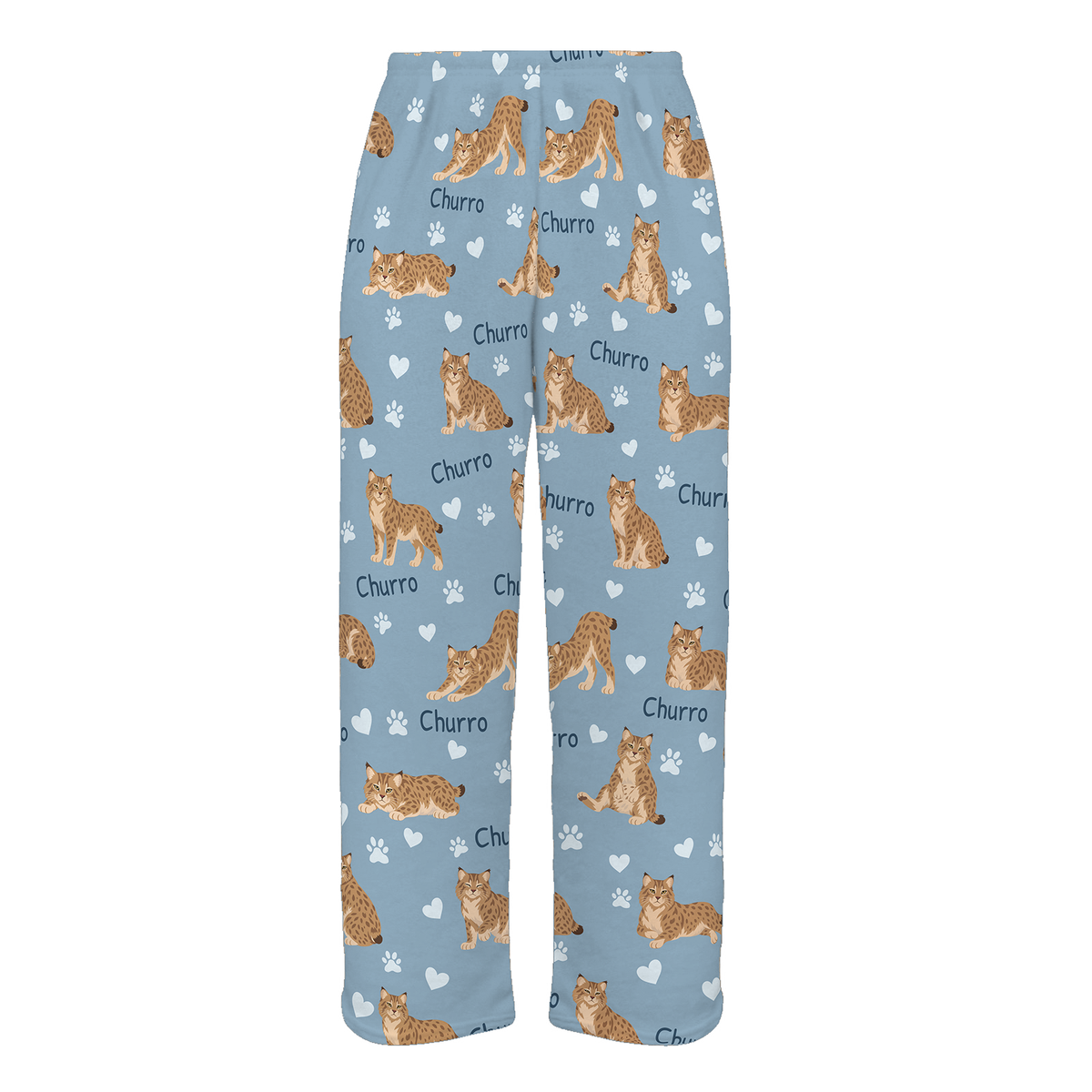 Personalized Pixie bob Cat Pajama Pants, Custom Pet Name Fleece Trousers, Cat Lover Gift — 02 Dusty Blue — full-trouser view