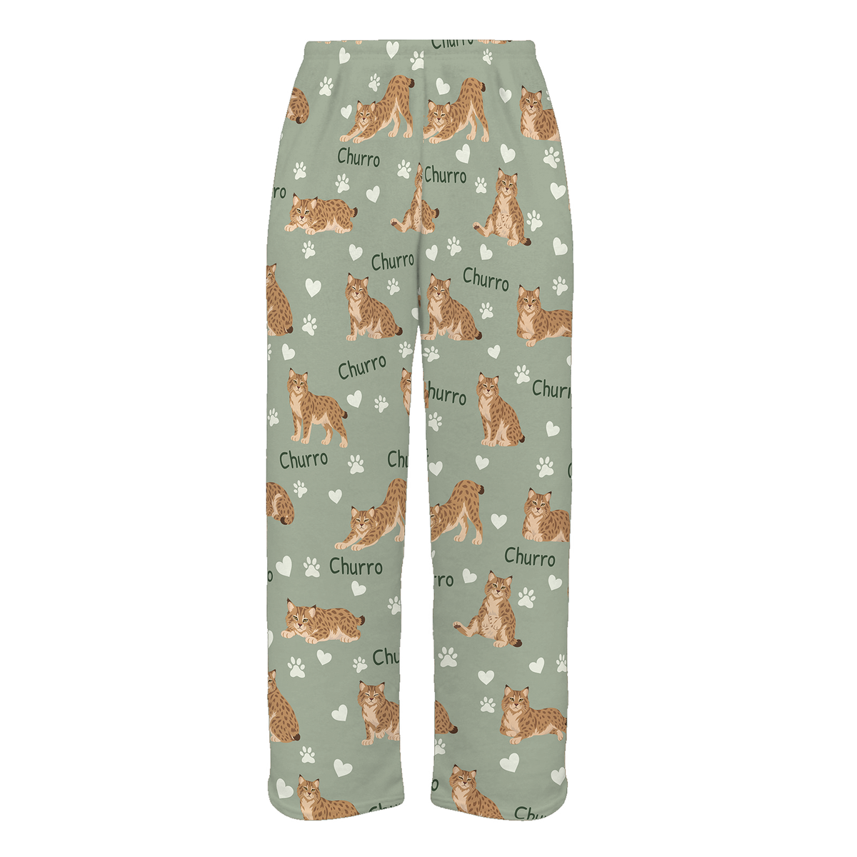 Personalized Pixie bob Cat Pajama Pants, Custom Pet Name Fleece Trousers, Cat Lover Gift — 03 Soft Sage — full-trouser view