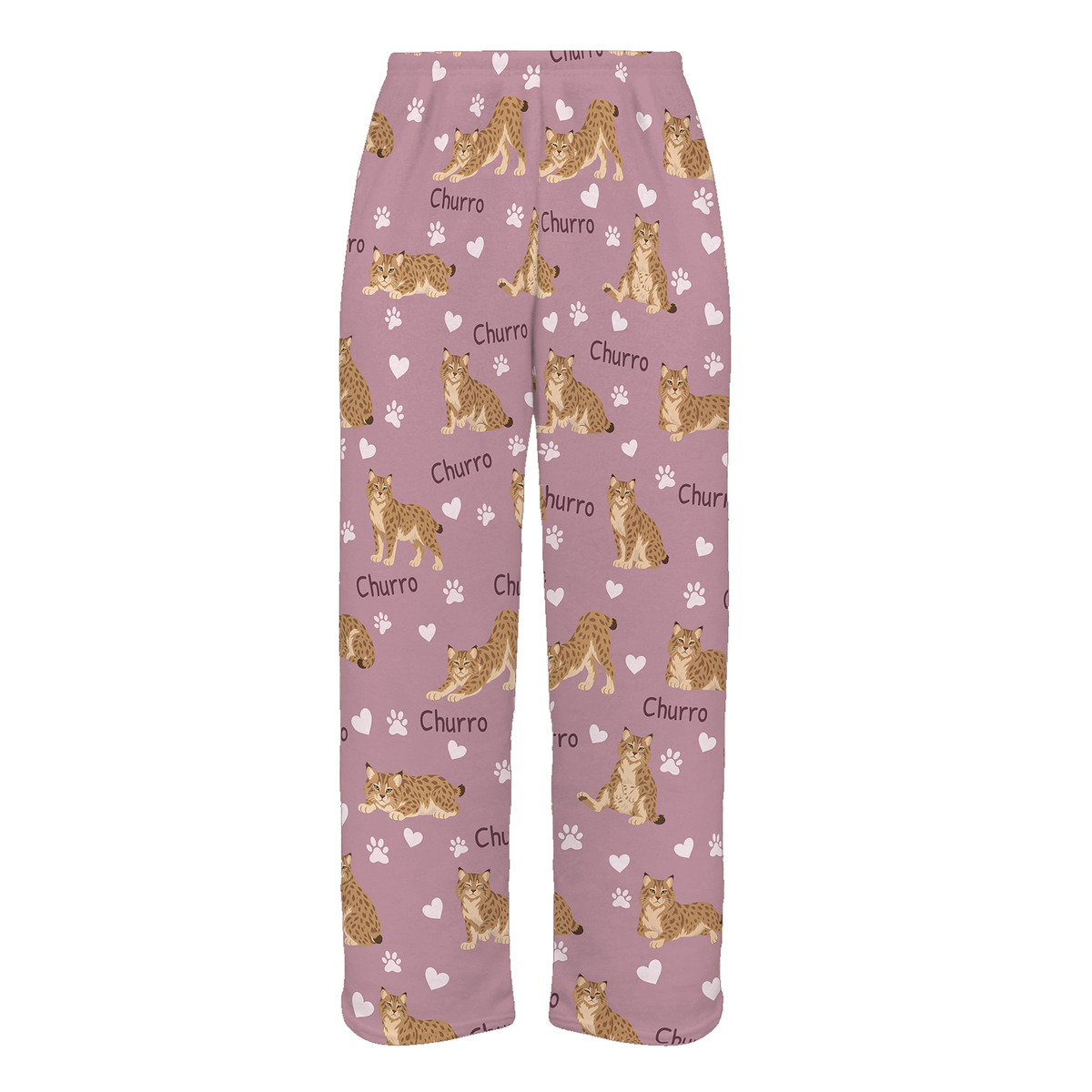 Personalized Pixie bob Cat Pajama Pants, Custom Pet Name Fleece Trousers, Cat Lover Gift — 04 Dusty Rose — full-trouser view