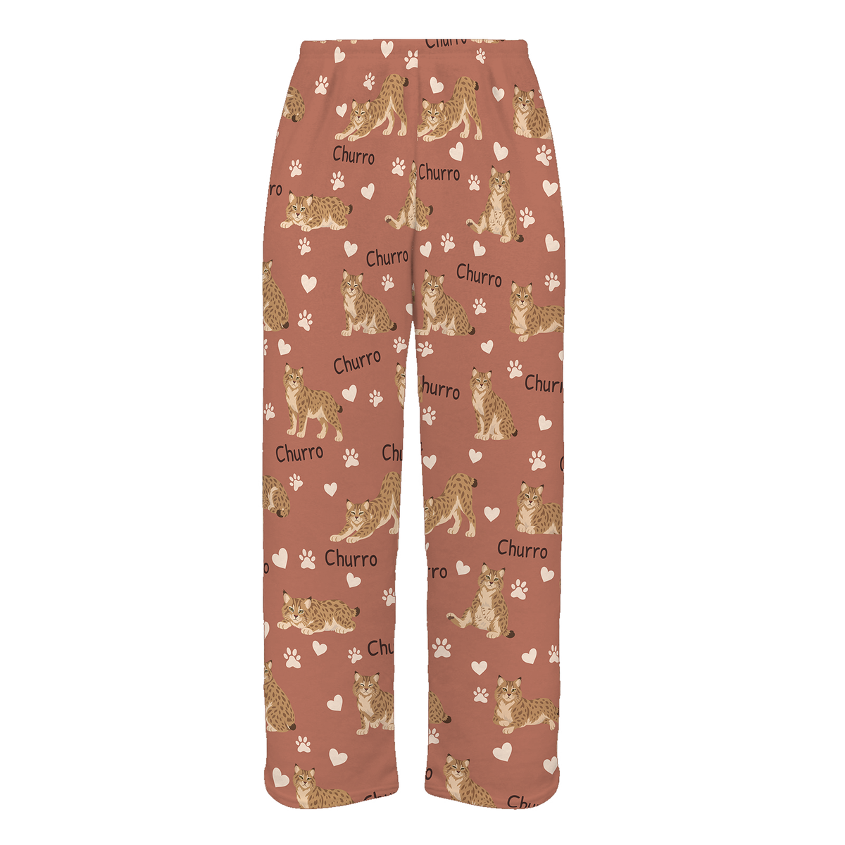 Personalized Pixie bob Cat Pajama Pants, Custom Pet Name Fleece Trousers, Cat Lover Gift — 06 Muted Terracotta — full-trouser view