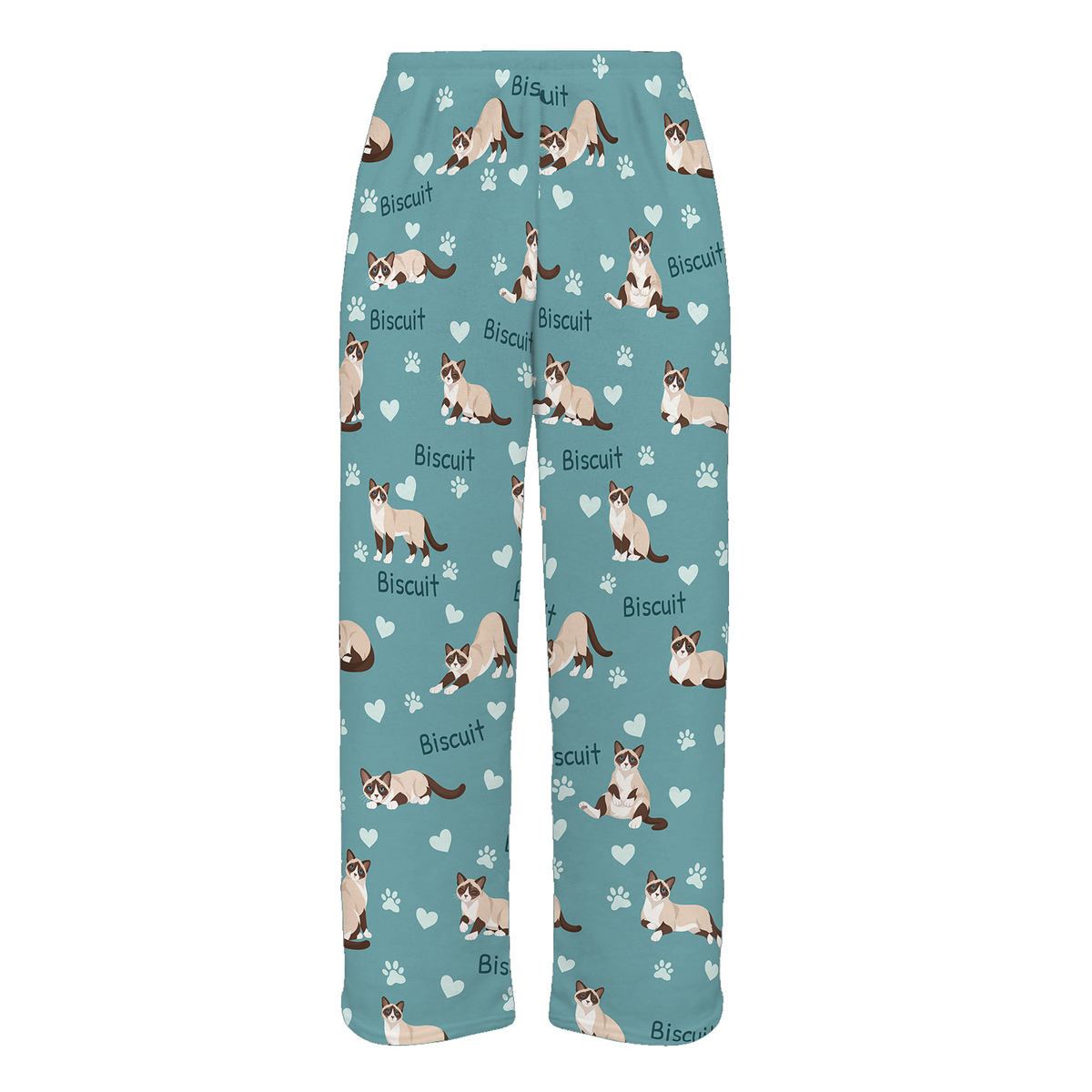Personalized Snowshoe Cat Pajama Pants, Custom Pet Name Fleece Trousers, Cat Lover Gift — 01 Muted Teal — full-trouser view