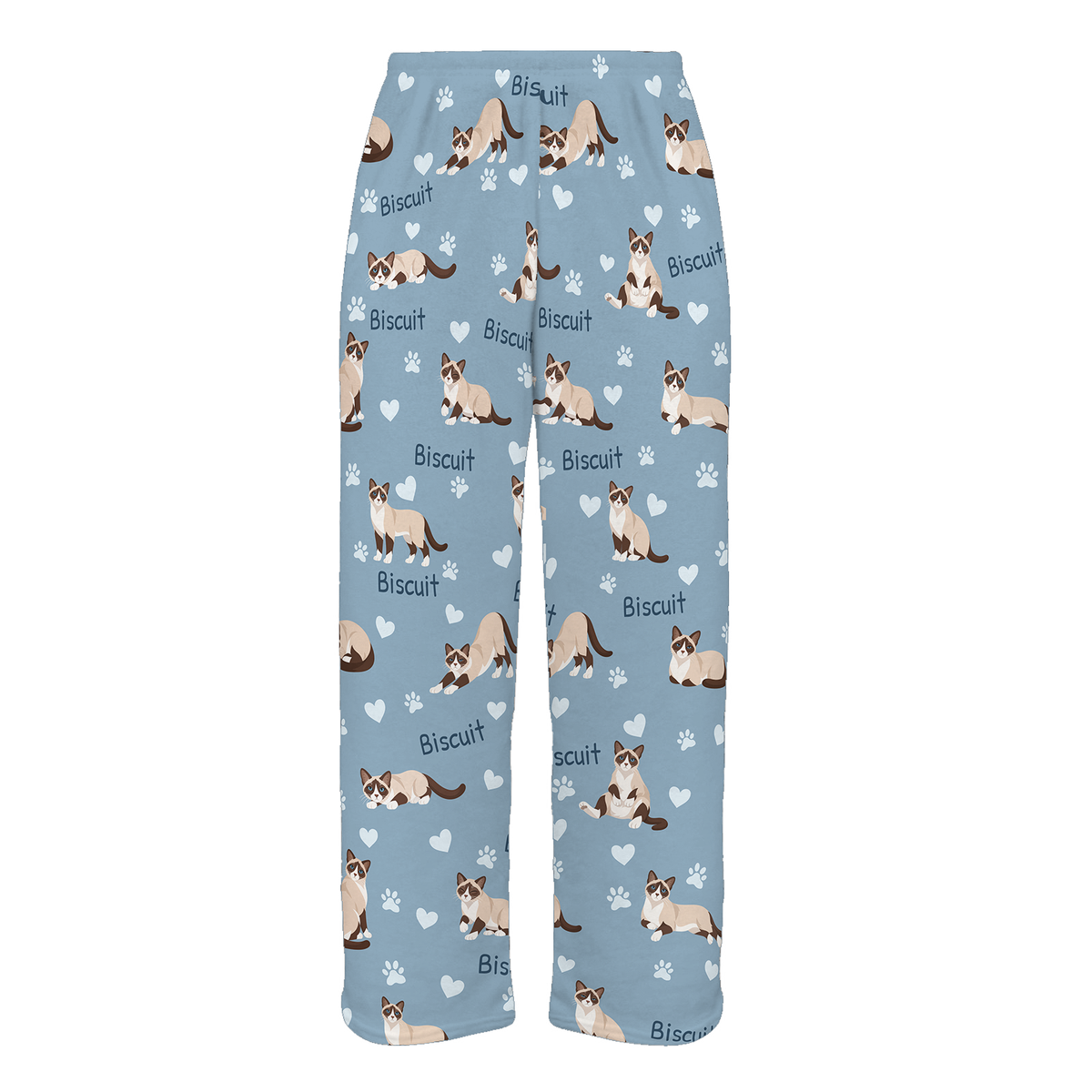 Personalized Snowshoe Cat Pajama Pants, Custom Pet Name Fleece Trousers, Cat Lover Gift — 02 Dusty Blue — full-trouser view