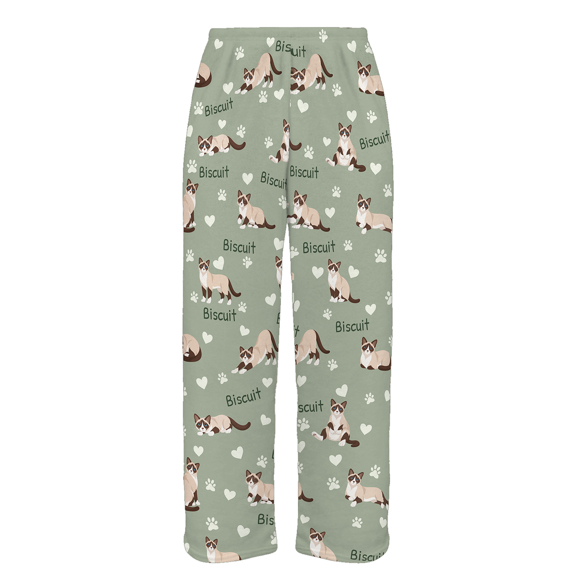 Personalized Snowshoe Cat Pajama Pants, Custom Pet Name Fleece Trousers, Cat Lover Gift — 03 Soft Sage — full-trouser view