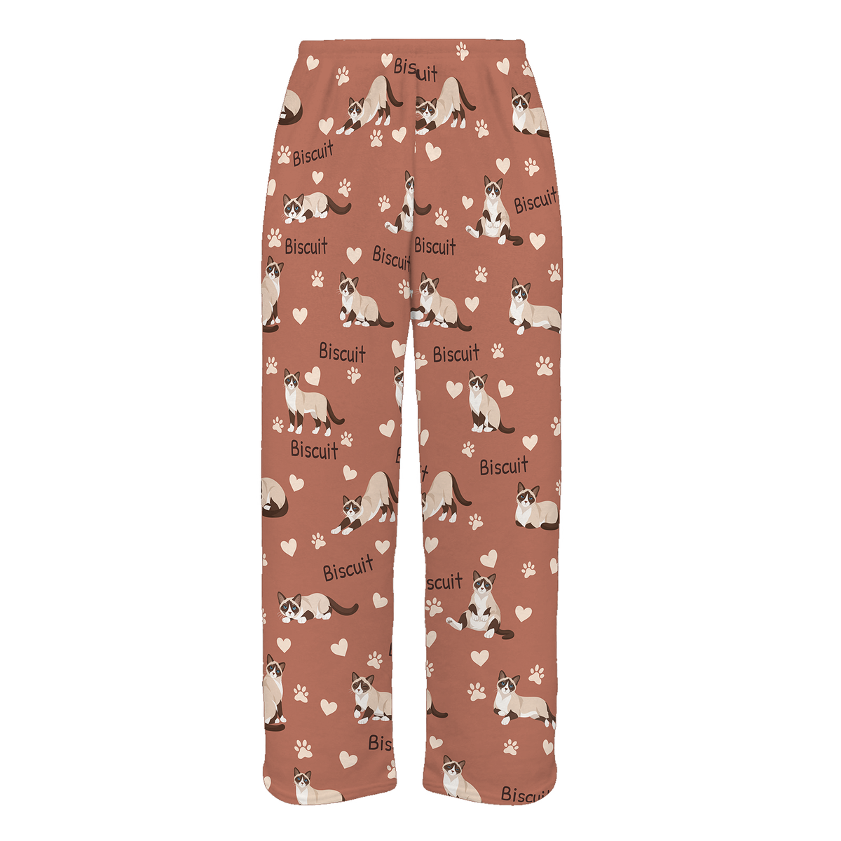 Personalized Snowshoe Cat Pajama Pants, Custom Pet Name Fleece Trousers, Cat Lover Gift — 06 Muted Terracotta — full-trouser view